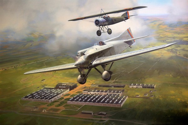 Romanian fighter prototype IAR CV 11 & Morane-Saulnier M.S.35 EP2 fly over the IAR aircraft factory outside Brasov in the 1931.
Художник - Darryl Legg / Painting by Artist Darryl Legg