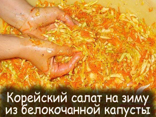 Корейский салат на зиму из белокочанной капусты - очень вкусный, в меру острый.Такой салат непременно украсит любой стол в холодные дни. Обязательно заготовьте, не пожалеете! 
Рецепт смотрите на сайте - http://mirznaek.ru/dir/60-1-0-714